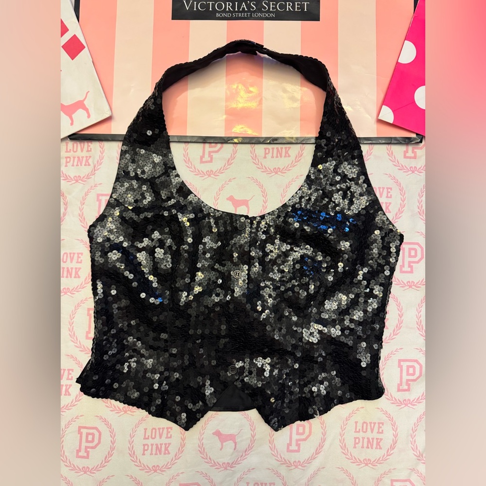 VICTORIA’S SECRET GOLD LABEL 100% SILK VINTAGE SEQUINS BLING HALTER CORSET TOP M